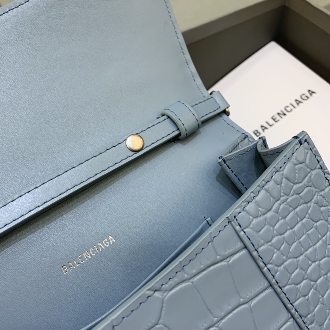 Balenciaga Big Hourglass Wallet With Chain Crocodile Embossed Shoulder Bag Light Blue